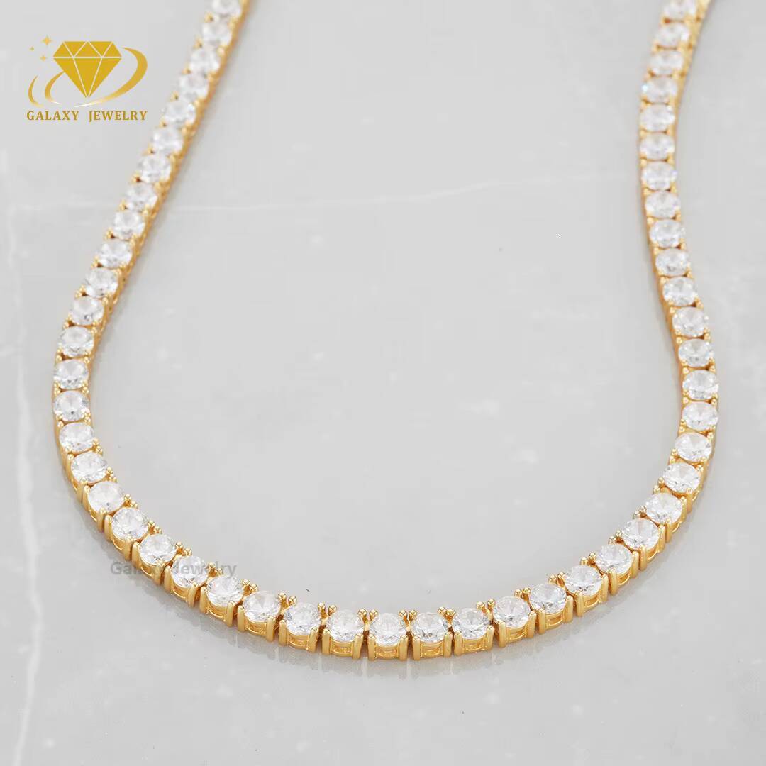 Fine Custom Jewelry 10K Solid Yellow Gold Round Cut Moissanite Diamonds 3mm 4mm 5mm Bracelet Necklace Tennis Chain