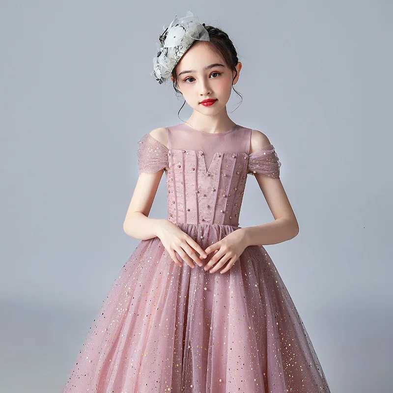 Girl Wedding Dress Tulle Birthday Ceremony Pink Pearls Girls Party Dress 2 To 14 Years Flower Girl Dresses For Wedding Kids Z250904