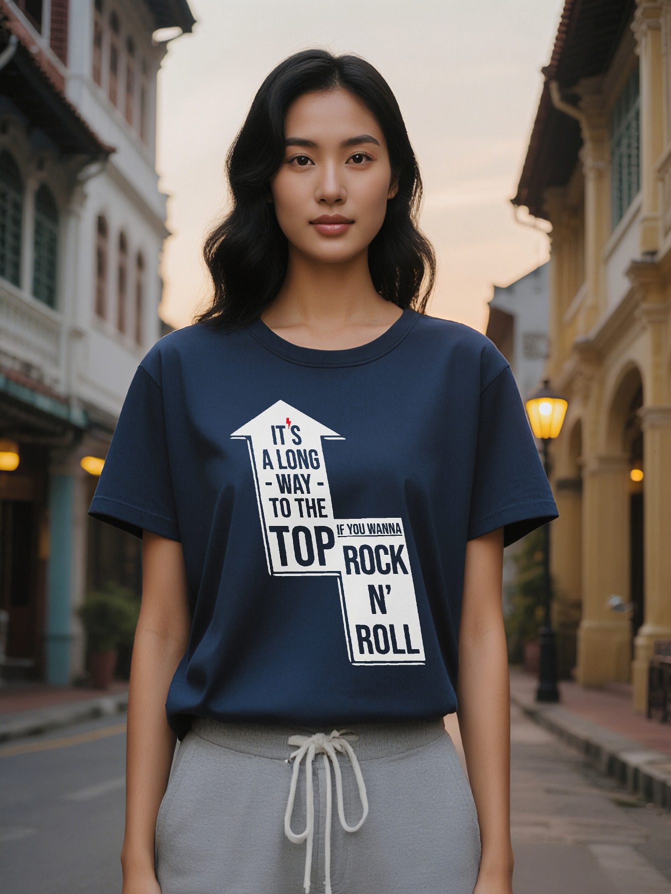 Large XL Women's Casual Crew Neck T-Shirt with It's a Long Way to the Top If You Wanna Rock N Roll Arrow Print Perfect Gift for Plus Size