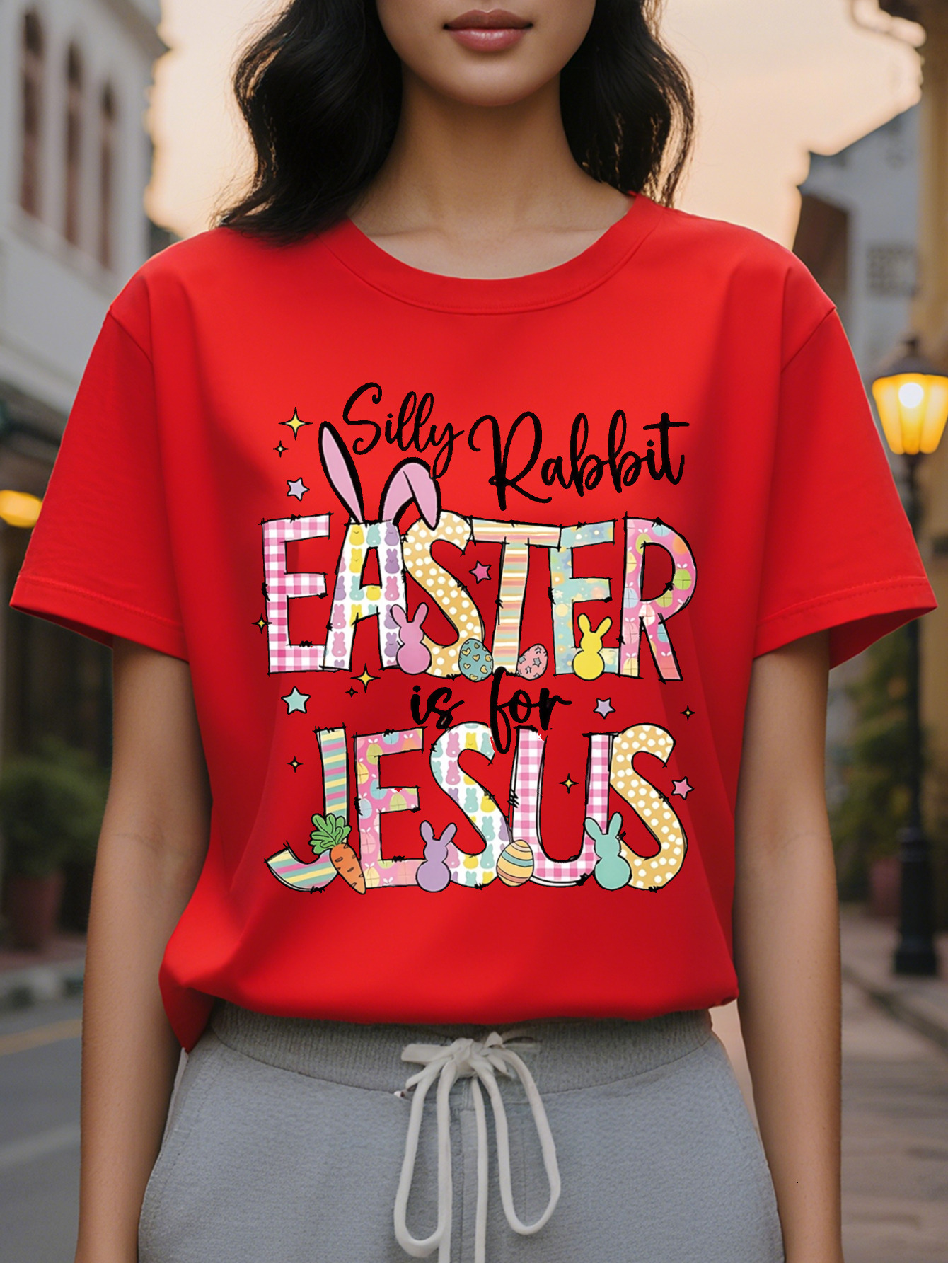 Large XL Silly Is Jesus Happy Easter Bunny Christian Graphic Print Fashion Casual Short Sleeve Spring Summer Fit Crew Plus Size