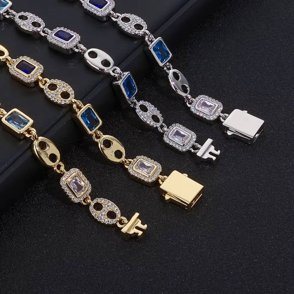 NUOYA Gold Plated Pig Nose Choker Necklace Geometric Gemstone Design Blue White Moissanite Fine Hip Hop Luxury Jewelry