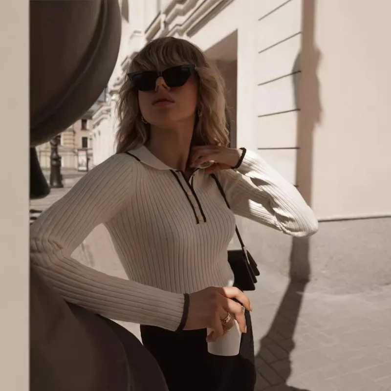 Talenza Autumn Knitted Pullover Womens Long Sleeve Patchwork Sweater Top Tight Bottoming Colorblock Lapel Knitted Pullover Top M250904