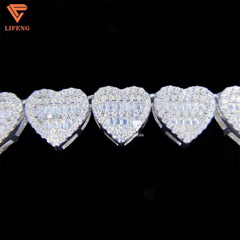 Hip Hop Jewelry High Quality 10mm 925 Sterling Silver VVS Moissanite Diamond Iced Out Buguette Heart Tennis Chain Necklace