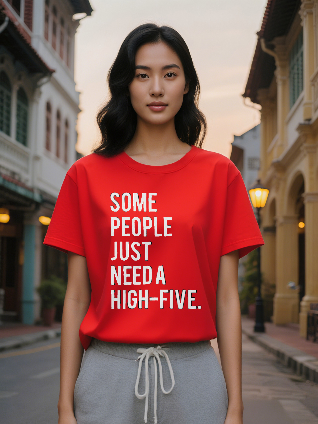 Large XL Lady Black Casual Crew Neck T-Shirt with White High Five Letter Print Soft Regular Fit Perfect Gift for Him Plus Size