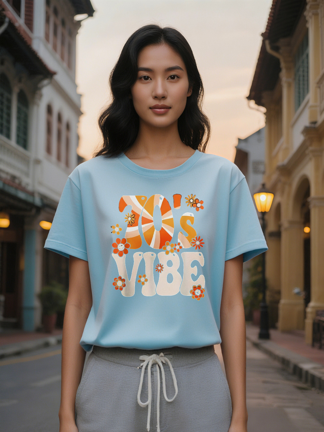 Large XL Lady Retro Graphic T Shirt Black Casual Short Sleeve Round Neck Tee With Bold S Vibe Lettering Colorful Plus Size