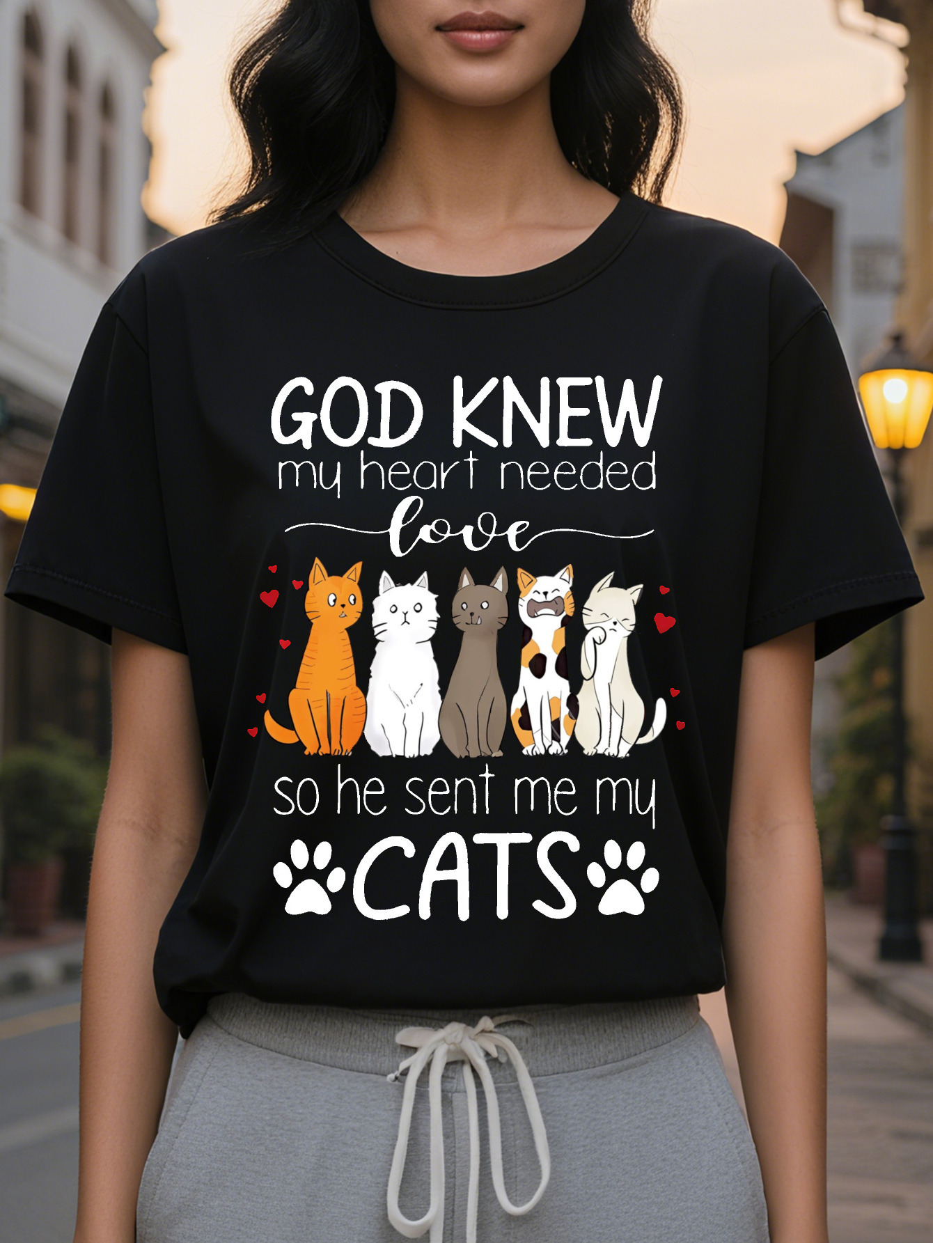 Large XL Tee Women's Casual Lover Graphic T-Shirt God Knew My Heart Needed Love Quote with Cartoon Cats Paw Prints Heather Plus Size