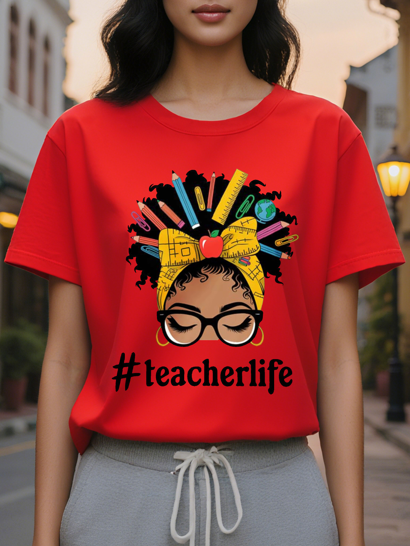 Women Black History Sleeve T-Shirt Round Neck Casual Top Designed Teacher Life Colored Pencil Floral Illustration