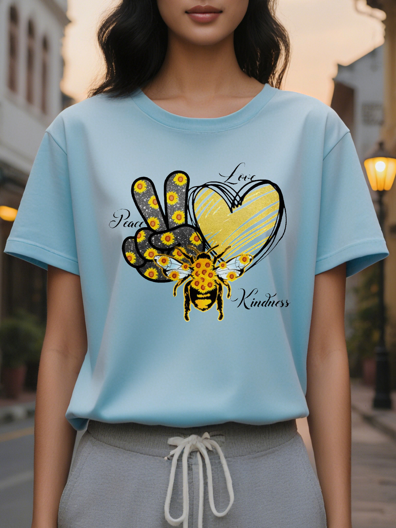 Women's T-shirt White Peace Heart Shaped Pattern Goodwill Text Printing Autumn Soft Daily Casual Jacket Washable