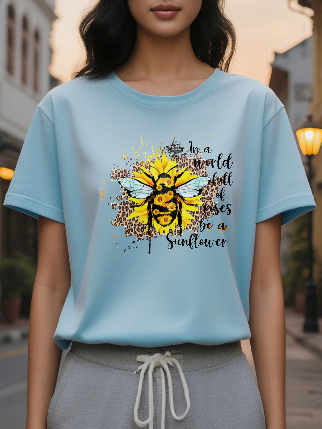 Women's elegant pattern sleeve T-shirt with inspirational quotes, white round neck, casual for autumn and winter
