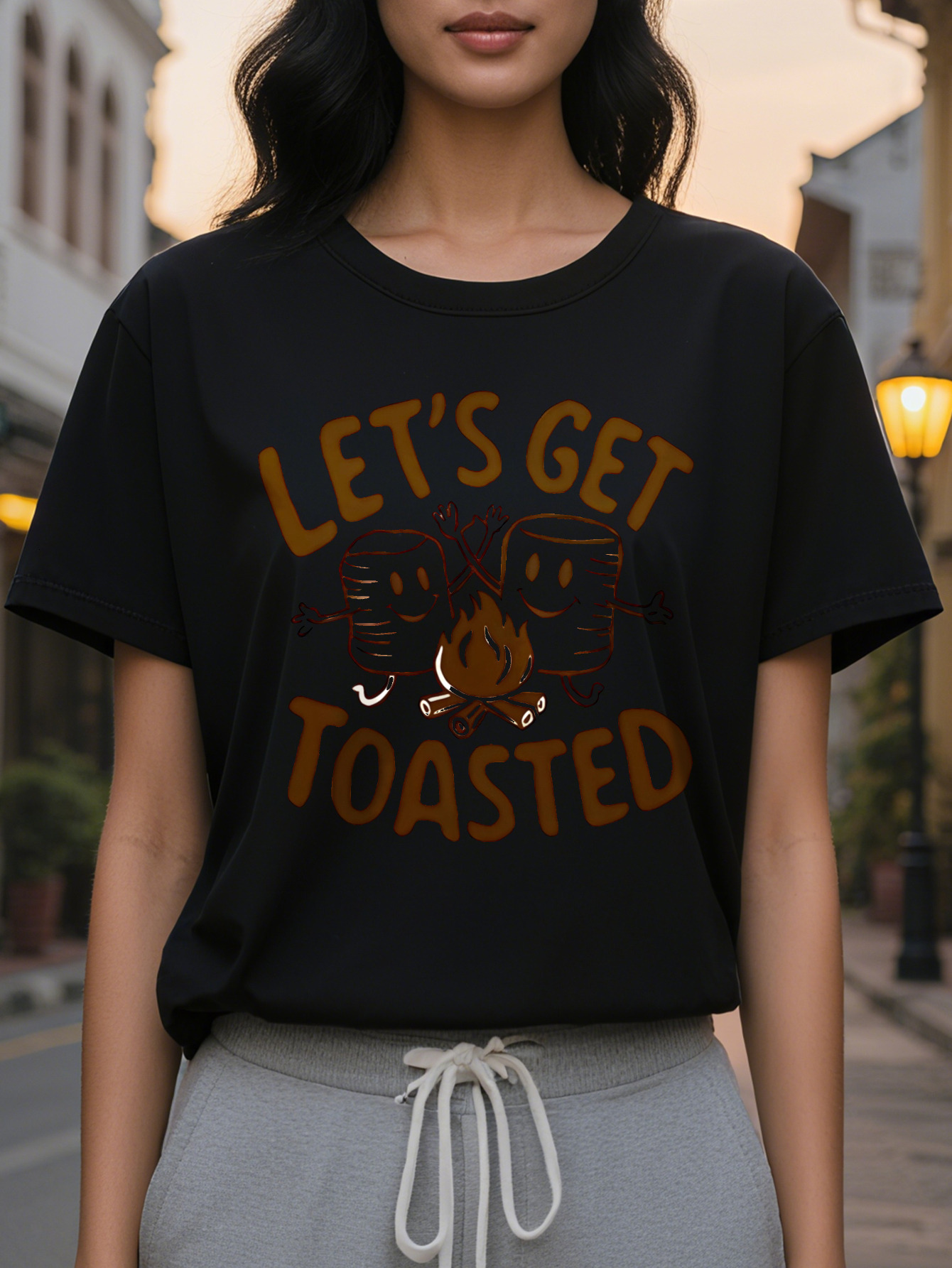 Ladies Let's Get Toasted Pattern Short Sleeve T-Shirt Nifty Toast Flame Design Round Neck Breathable Summer And