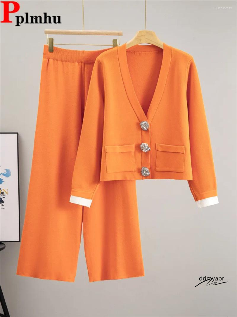 Women's Two Piece Pants Korean Design Knitted 2 Sets Women Big Button V-Neck Long Sleeve Ddmyday Cardigan Tops Conjuntos High Waist Wide Leg Outf