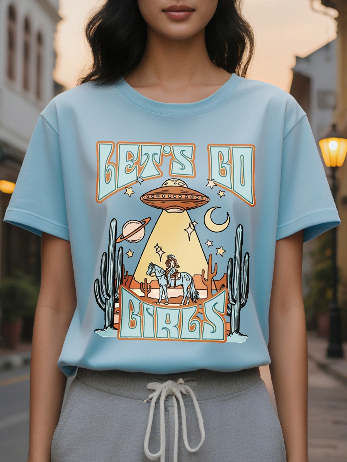 Large XL All Season Cowgirl UFO Casual Tee Chic Stretchy Easy Care Women's Top Plus Size