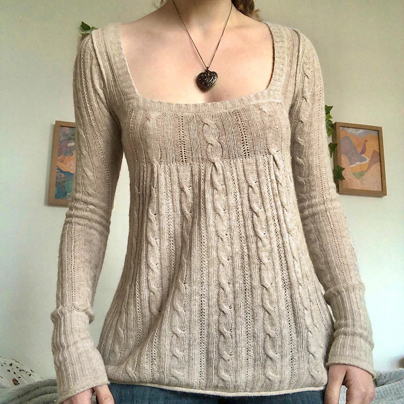 Vintage Babydoll Tops Pullovers Lady Aesthetic Coquette Knit Sweaters Outfit Autumn Square Neck Long Sleeve Knitwear Jumpers Y2k250903 - view 4