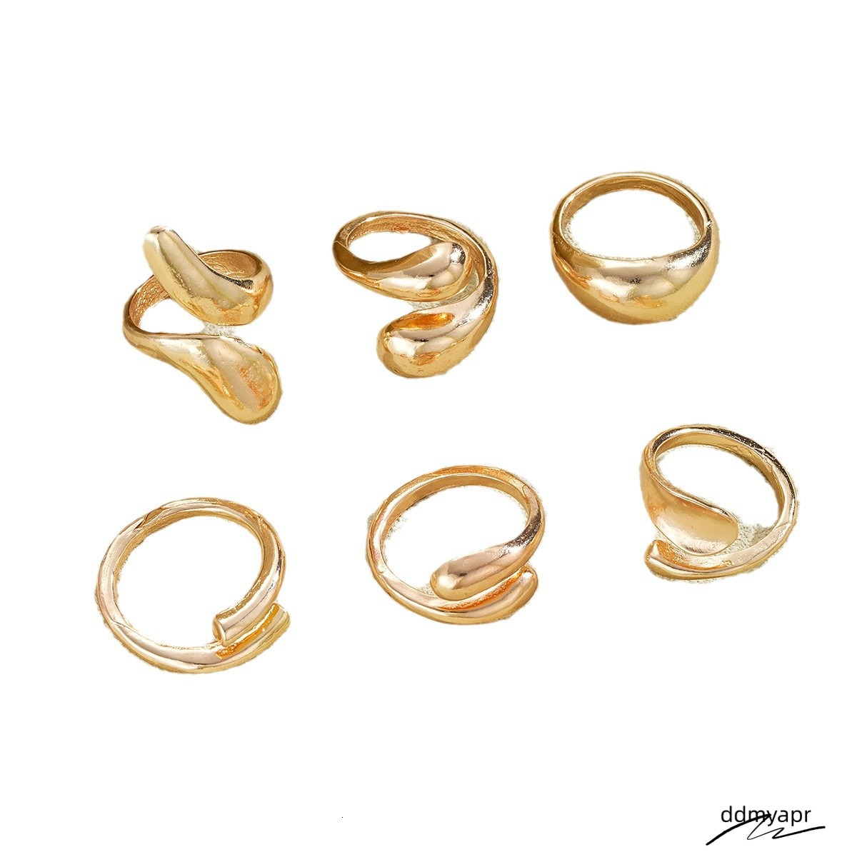 Explosive Irregular Droplet Niche Metal Texture Smooth Exaggerated Geometric Opening Ring, 6-Piece Ddmyday Set Ddmyday