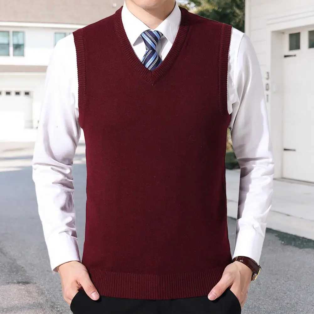 New Autumn Fashion Solid Pullover Sweater V Neck Knit Vest Men Trendy Sleeveless Casual Top Men Clothing Business Style SweaterXJ250904