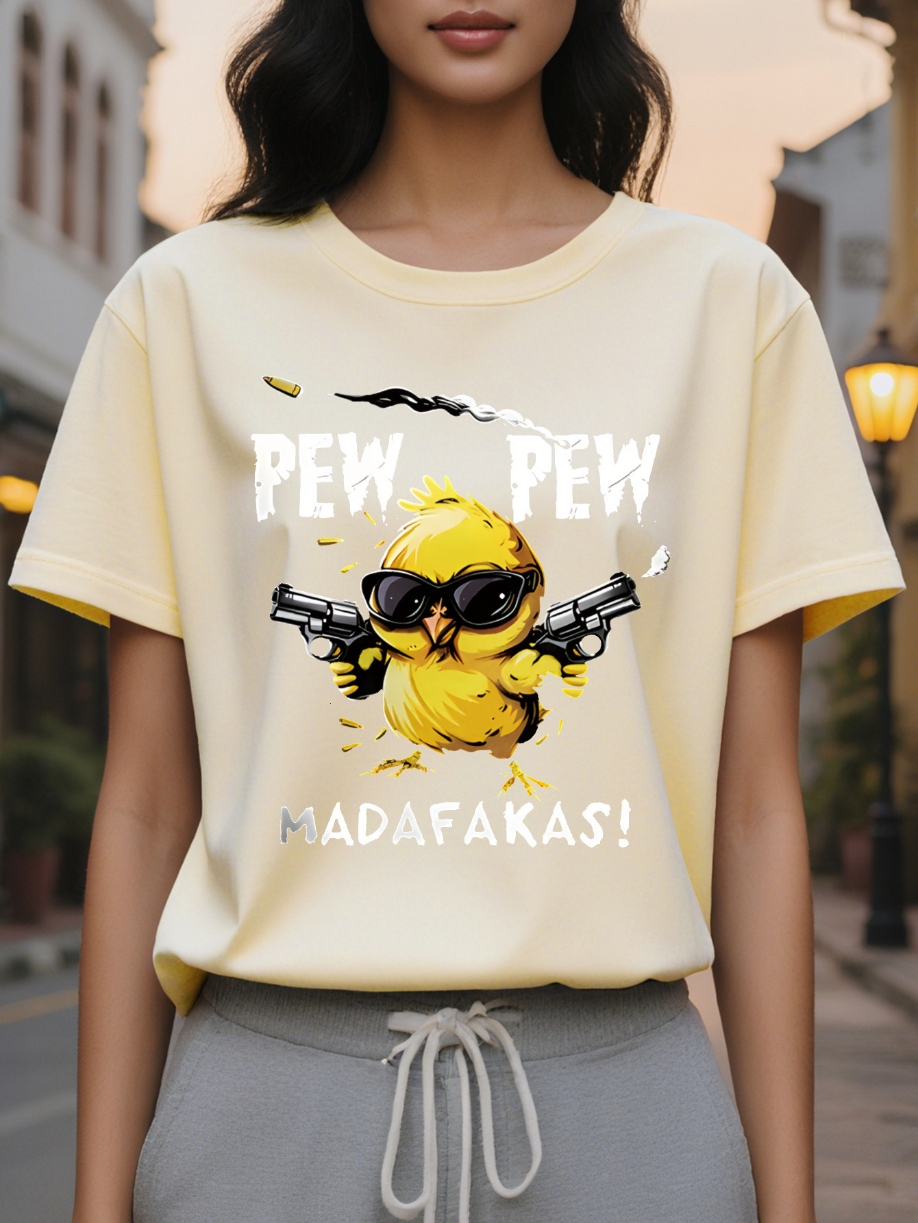 Ladies Casual Short Sleeve T Shirt Black Cartoon Chick Wear Fashion Glasses with Gun Pattern PEW MADAFAKAS
