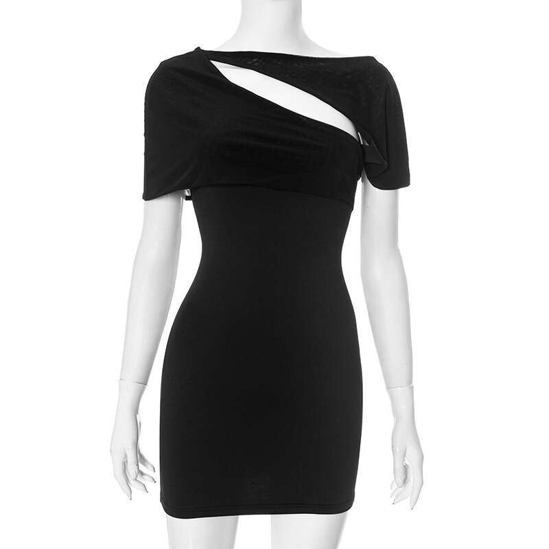 New Summer Elegant Slim Fit Mesh Front Hollow Short Sleeve Bodycon Dress for Women