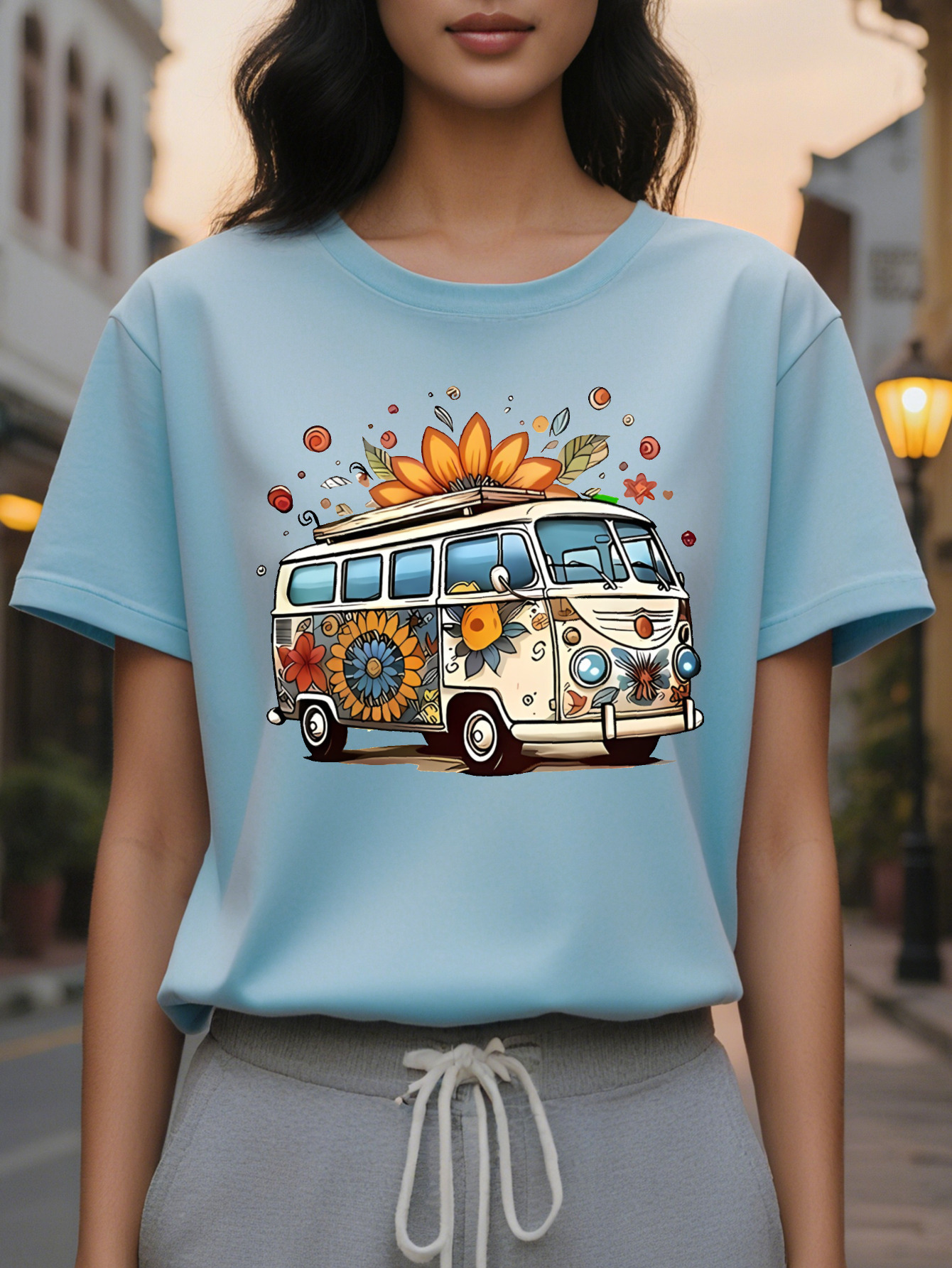 Large XL Women's Hippie Retro Bus Graphic T-Shirt Vintage Floral Peace Sign Print Soft Beige Crew Neck Short Sleeve Top Plus Size