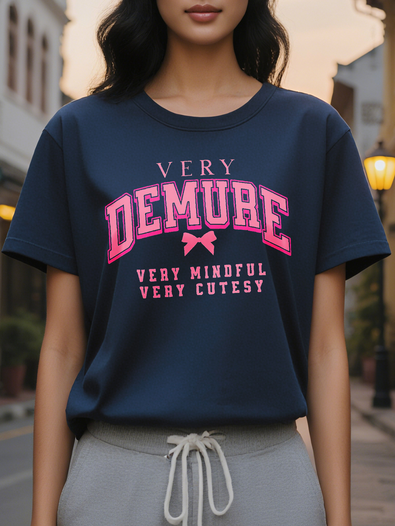 Women S Casual Short Sleeve T-Shirt Demure Very Mindful Bow Print White with Pink Lettering Round Neck Lightweight