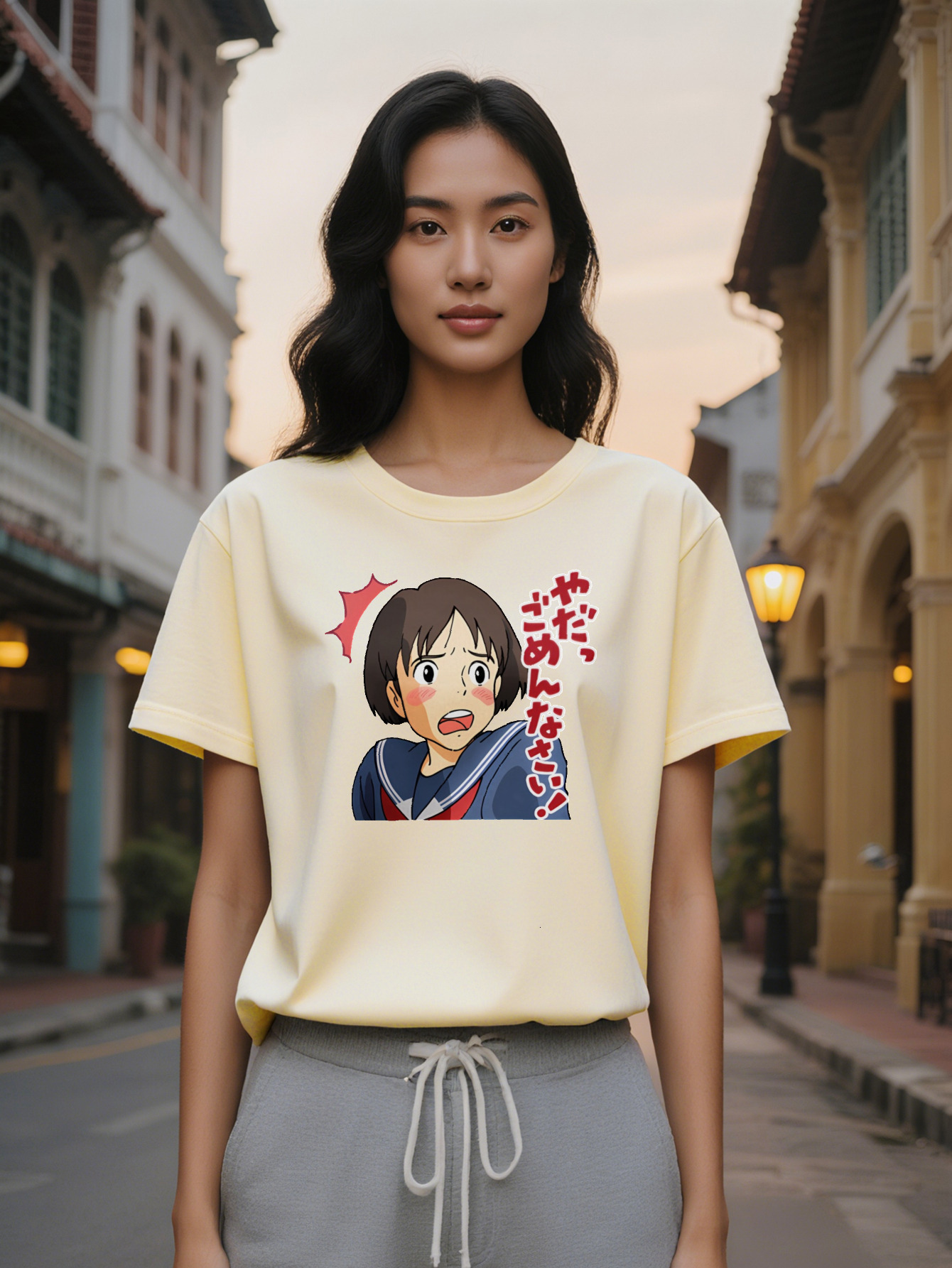 Large XL Casual Round Neck T-Shirt with Anime Print Black Short Sleeve Tee Featuring Crying Girl Character Design Perfect Gift Plus Size