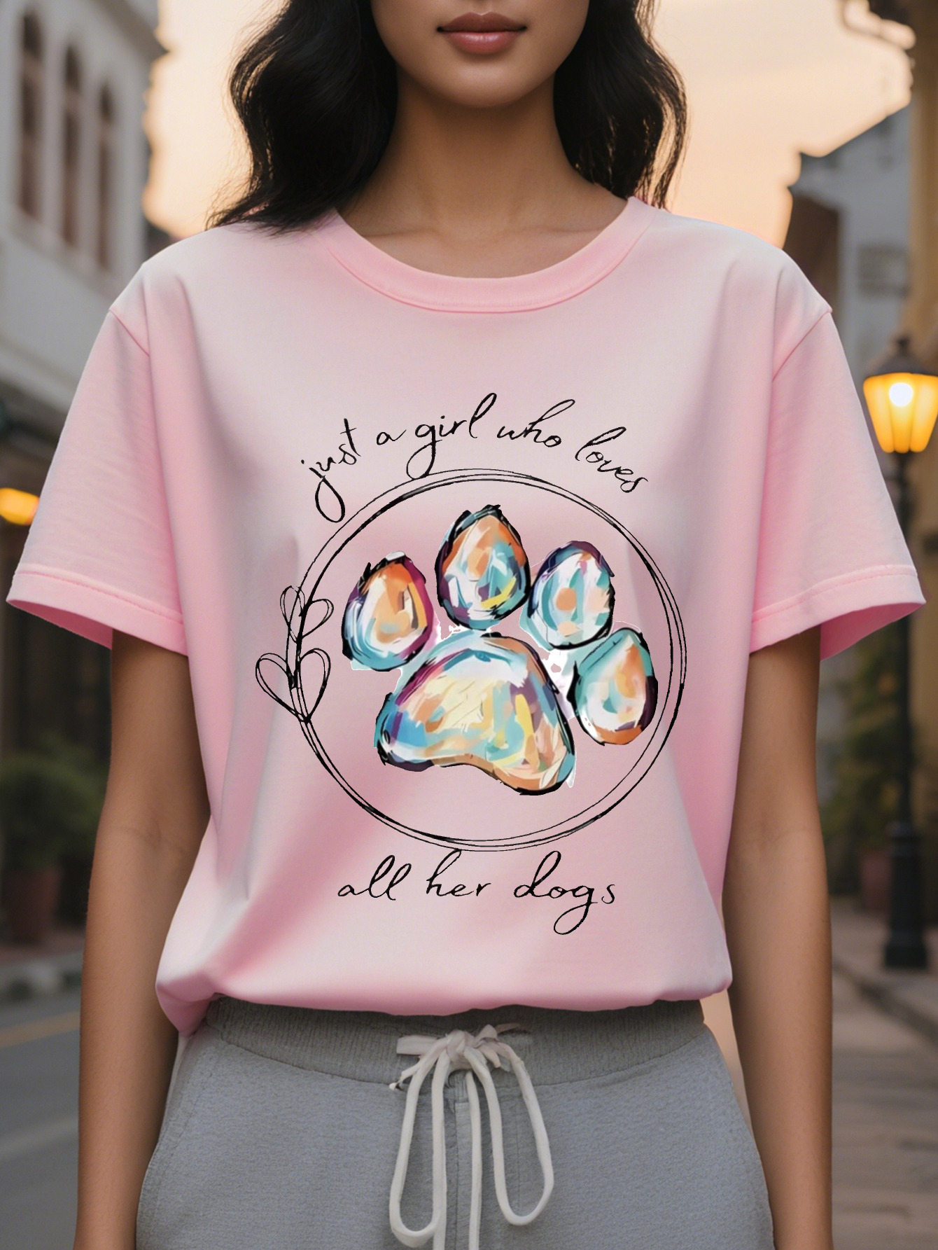 Women's Only Love Her Dog Pattern Short Sleeve T-shirt Cute Claw Printed Round Neck Top Breathable Summer Casual