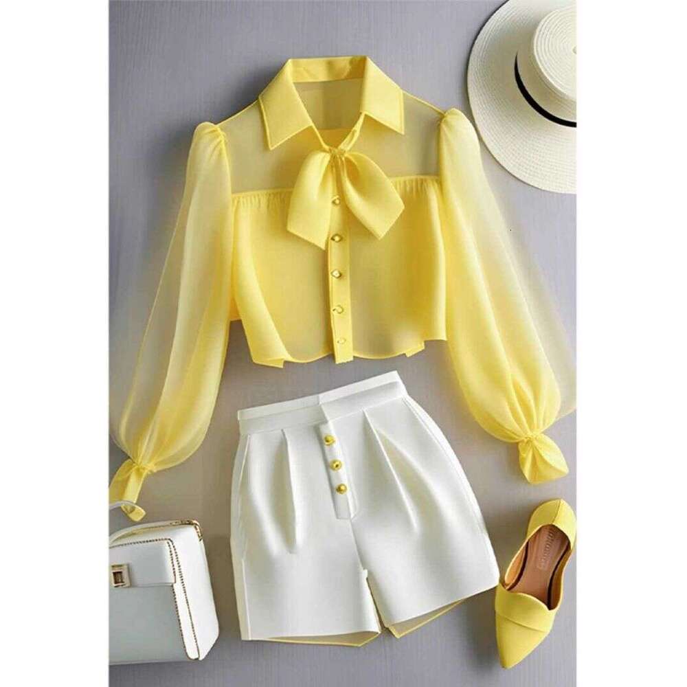 Women's Clothing Spring Summer Fashion And Age-Reducing Chiffon Yellow Polo Collar Shirt Casual Pants Set