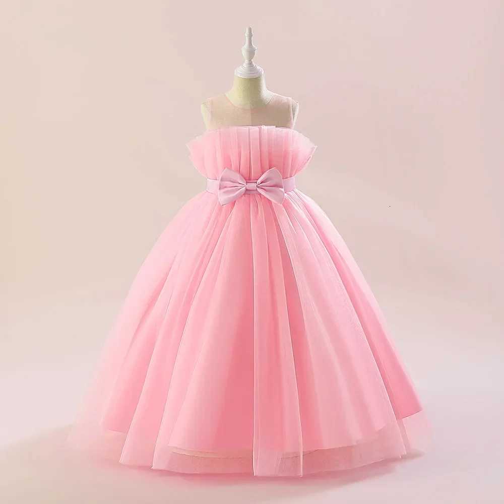 Summer Tulle Pink Party Dresses for Girls Elegant Bow Bridesmaids Princess Wedding Girls Dress First Communion Wedding Prom Gown Z250904