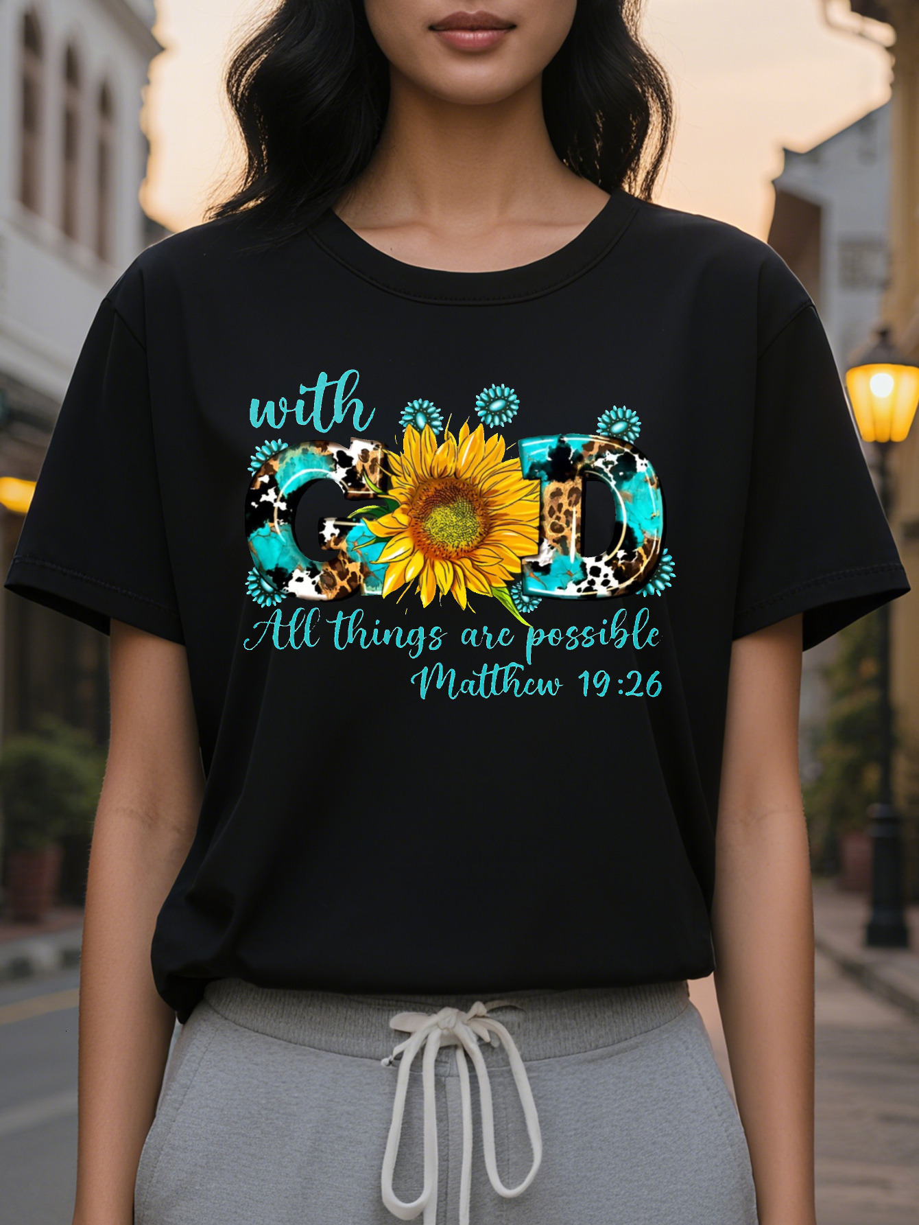 Women s Inspirational God All Things Possible Matthew T-Shirt Black Soft Stretch Casual Summer Tee with Sweat