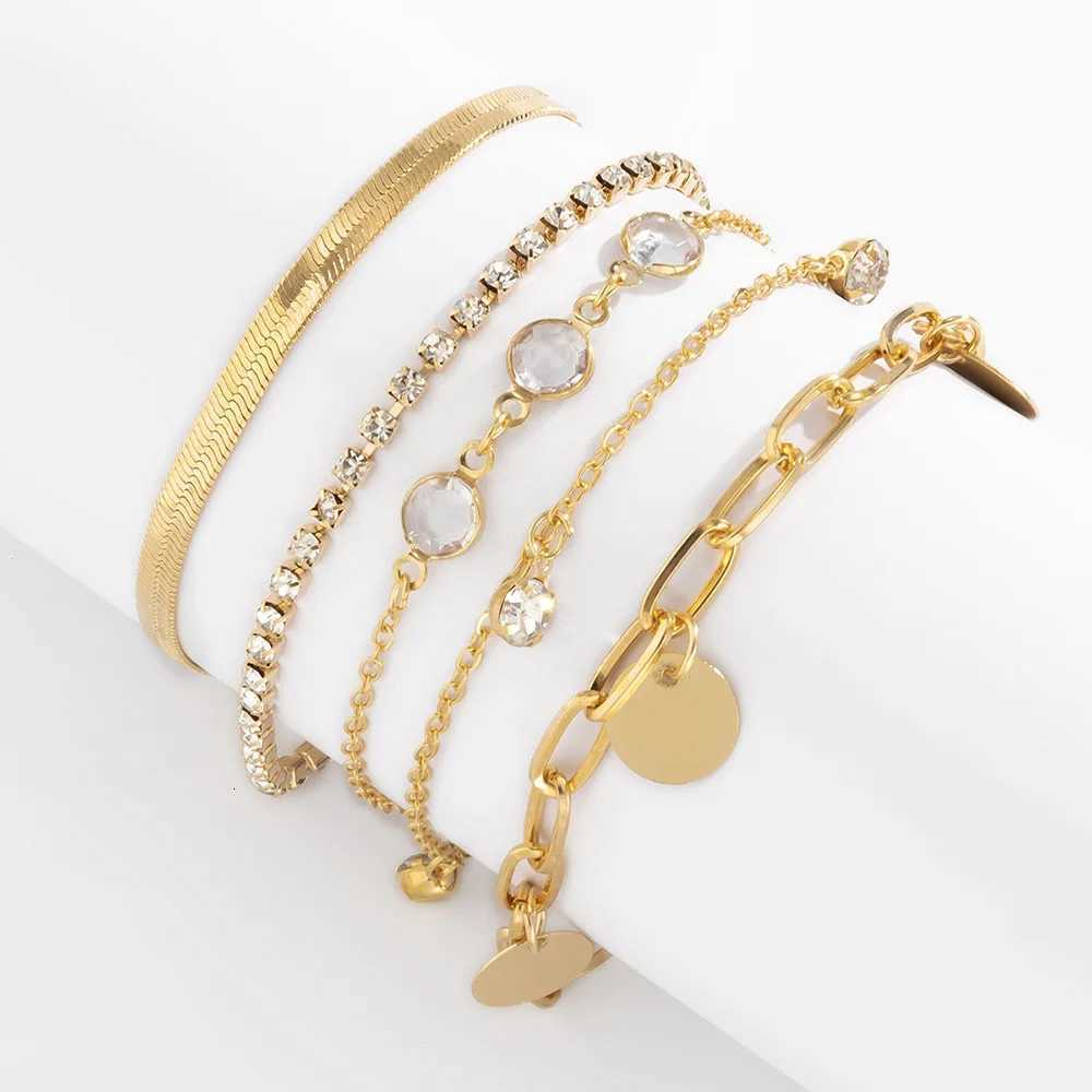Boho Flat Snake Bone Chain Rhinestone Sequin Pendant Bracelet Set Lady Geometric Fashion Bracelets Combination Girl Jewelry W250904