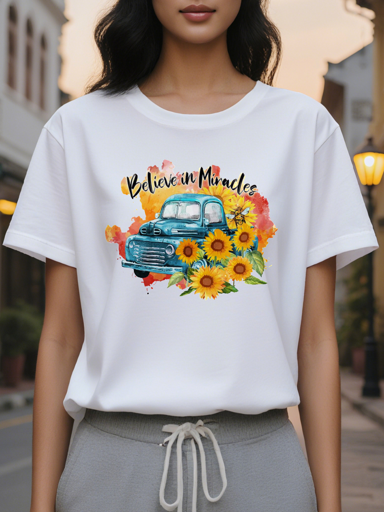 T shirt Faith Miracle Retro Flower Blue Truck Pattern White Crewneck Top Medium Elastic Daily Special Ocn Shirt