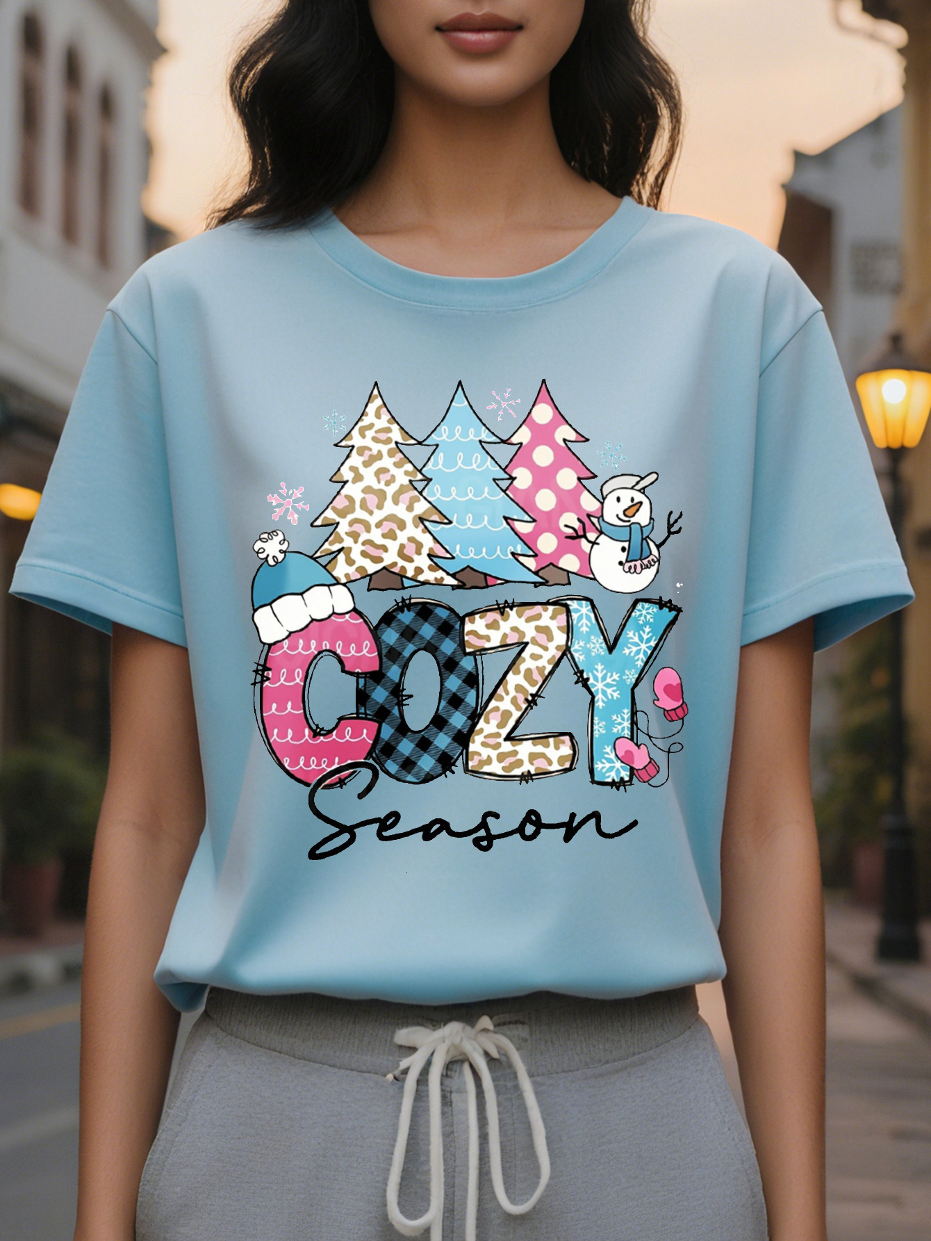 Large XL Women's Christmas Graphic Print Sweatshirt Cozy Season Design with Snowman Leopard Plaid Patterns Beige Casual Plus Size