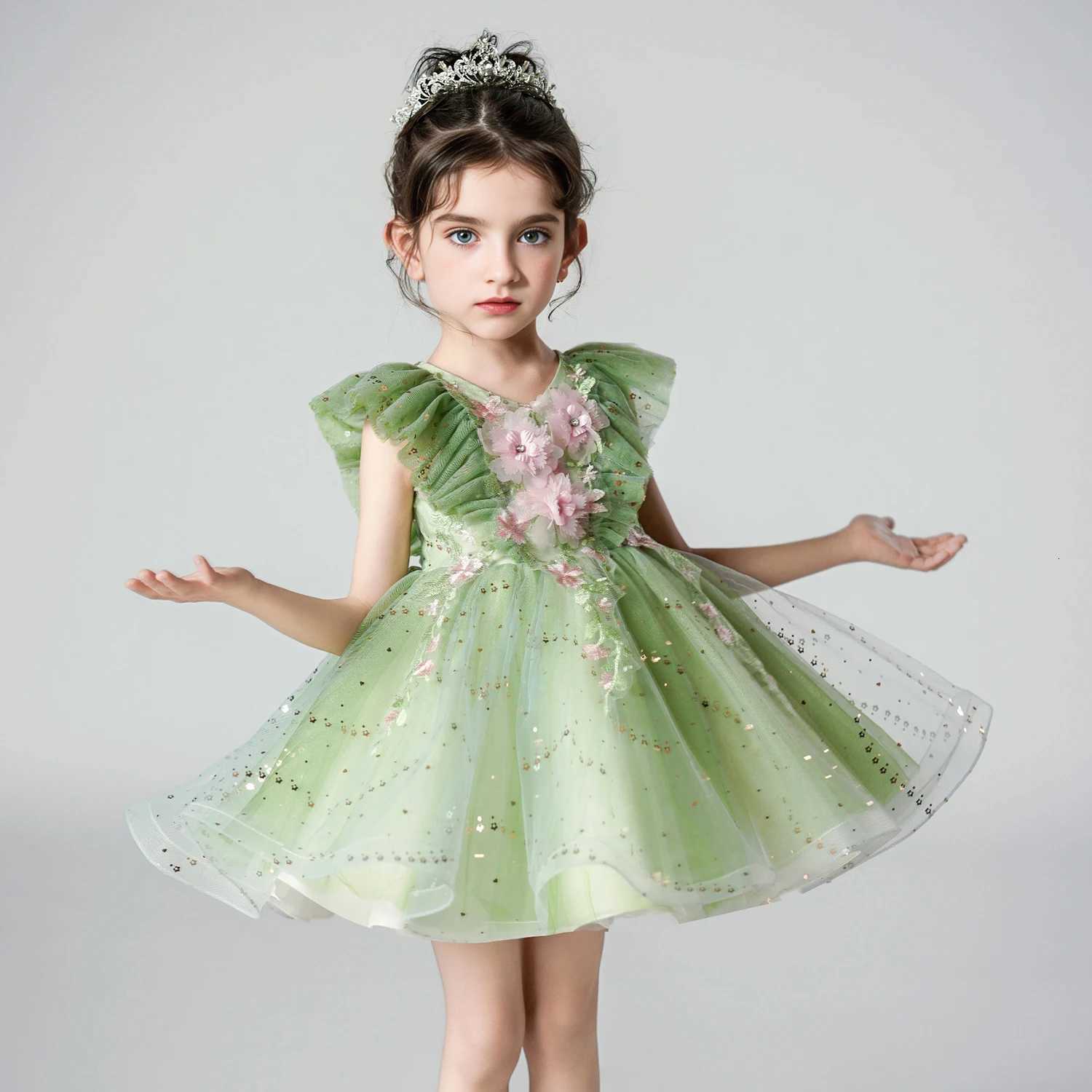 Fly Sleeve Wedding Birthday Green Dresses For Girls 2-8 Years Party Lace Tutu Christening Gown Kids Children Pageant Clothes Z250904