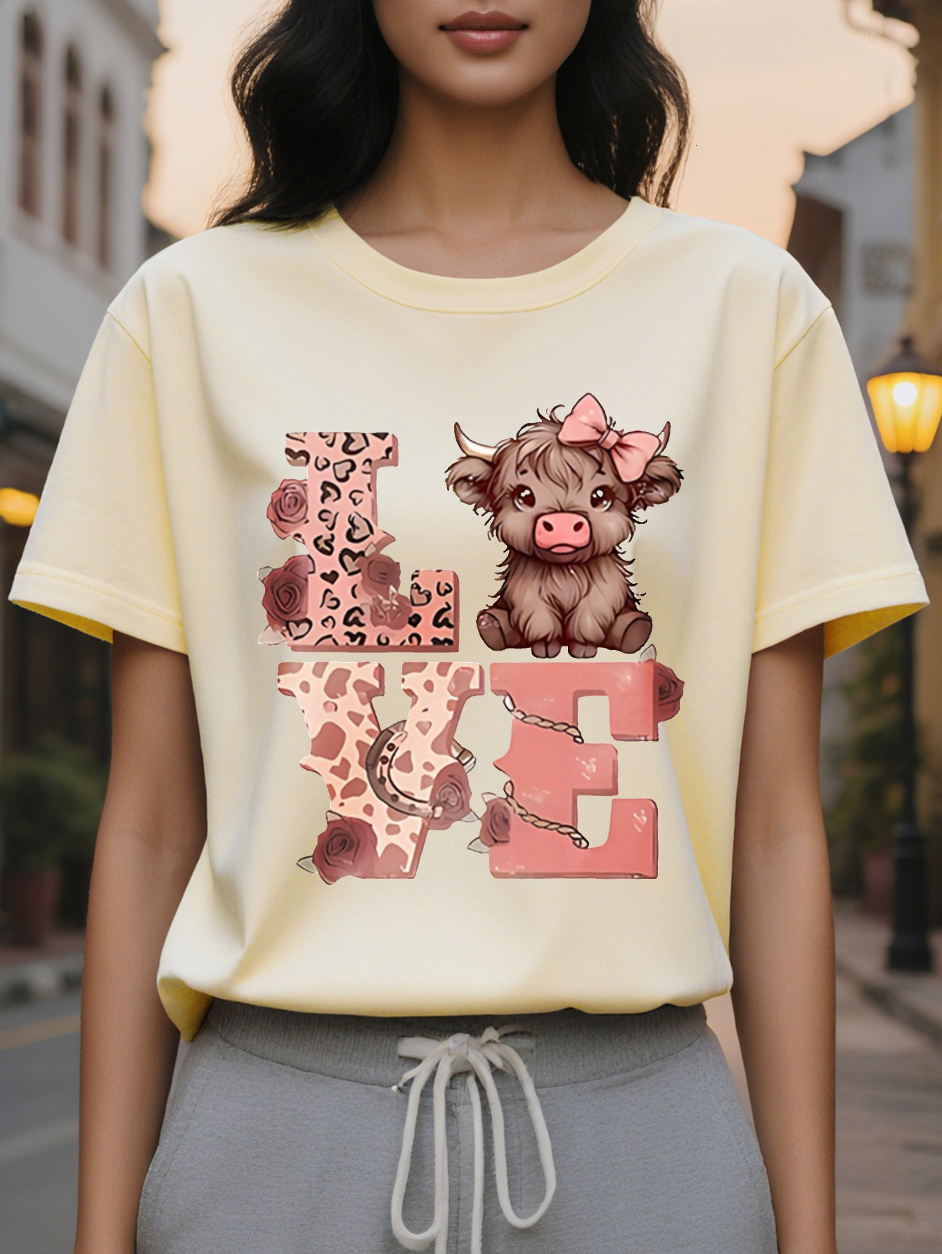 Women's Slim LOVE Pattern T-Shirt Black with Pink Cow Print Translucent Crew Neck Short Sleeve Spring and Wear