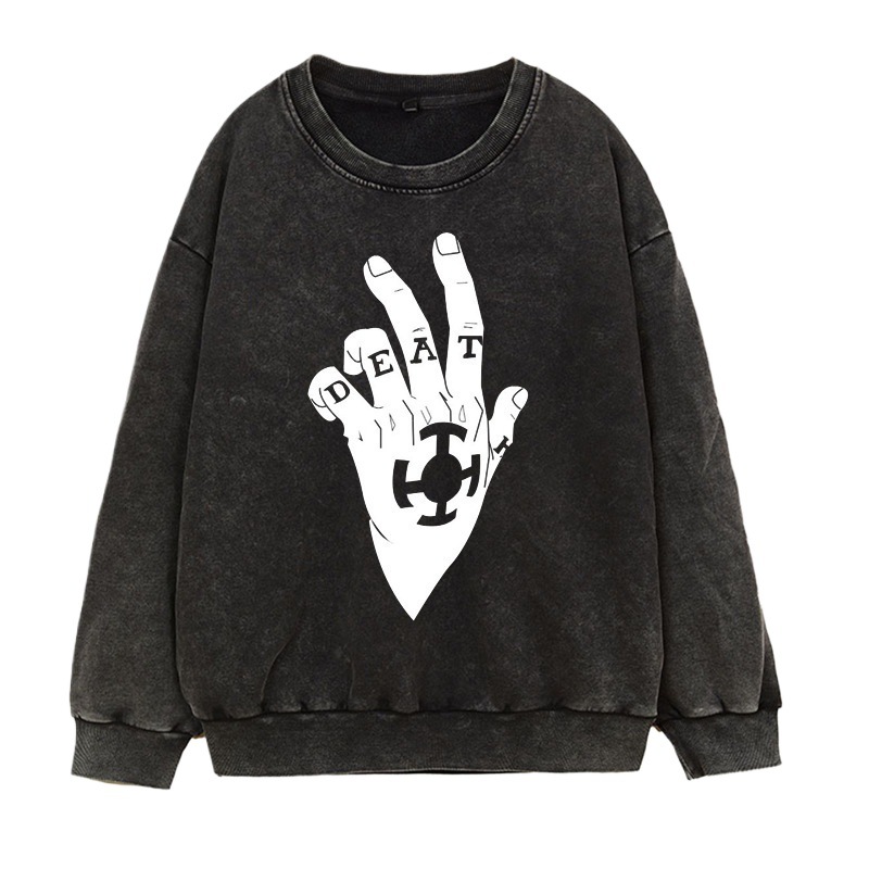 Water-Washed Vintage-Faded Hoodie Japanese Manga Trafalgar Law ROOM Anime Print Crewneck Fall/Winter Heavyweight - CJ7717