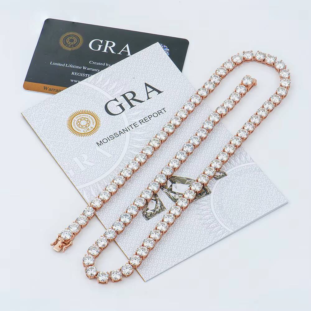 Wholesale Hiphop Jewelry 6mm 925 Sterling Silver Rose Gold Plated Tennis Link Chain Round Brilliant Cut Moissanite Necklace