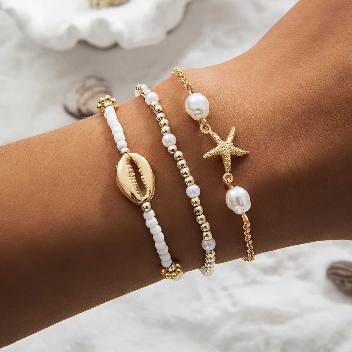 3Pcs Summer Shell Bracelet Set For Women Bohemia Starfish Charm Pearl Seed Beads Chain Bangle Female Beach Vacation Jewelry Gift W250904