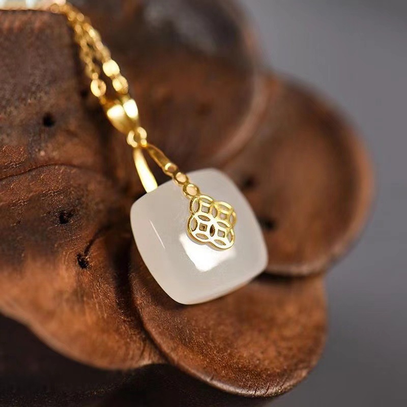 sNew silver Hetian white jade square pendant necklace exquisite gold cold wind light luxury charm noble women brand jewelry