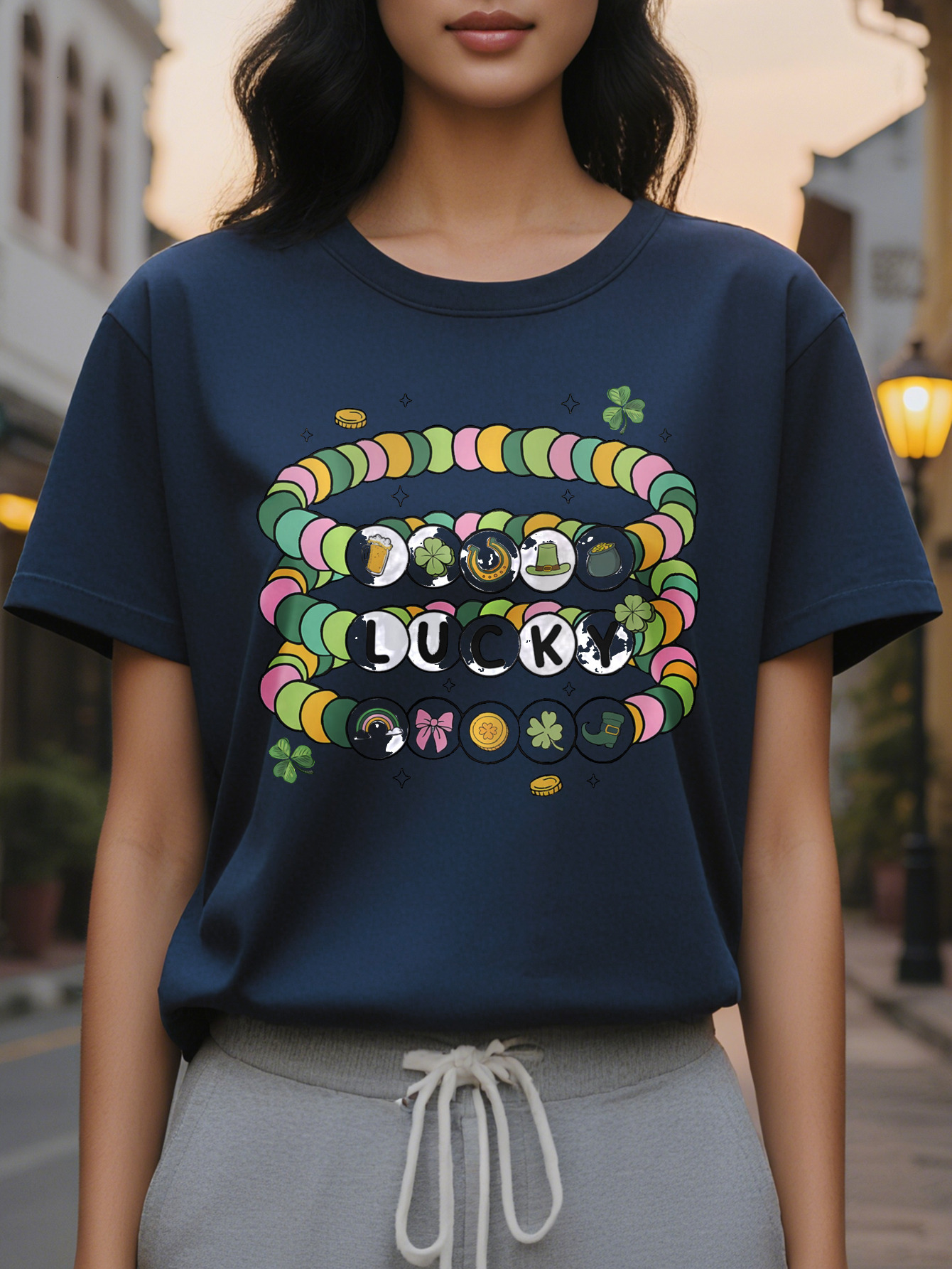 100% Linen Cotton St Patrick s Day Lucky Pattern T Shirt Casual Round Neck Short Sleeve Top with Colorful Beaded Bracelet Design