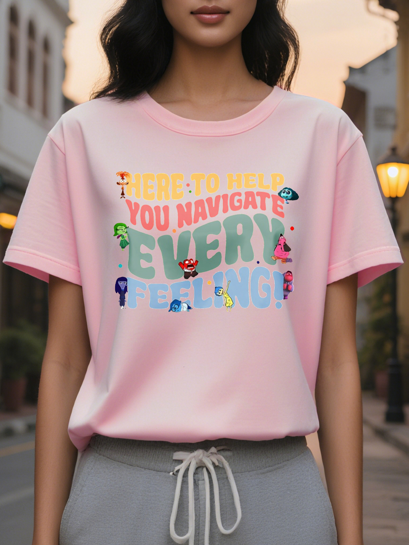 HERE TO HELP American Print Pattern Spring and Summer New Fashion Round Neck T-shirt Slim Fit Slimming Women's