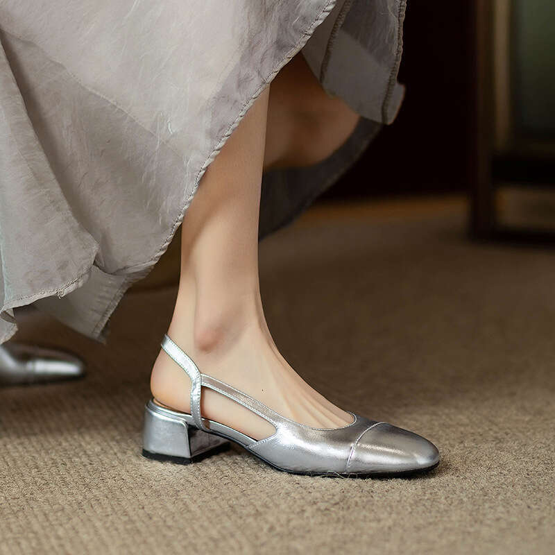 Soft Leather Silver Peep Sandals for Women, Chunky 2025 Summer New Designer Shoe Squ Toe Single Shoes, Mid Heel, Open Back