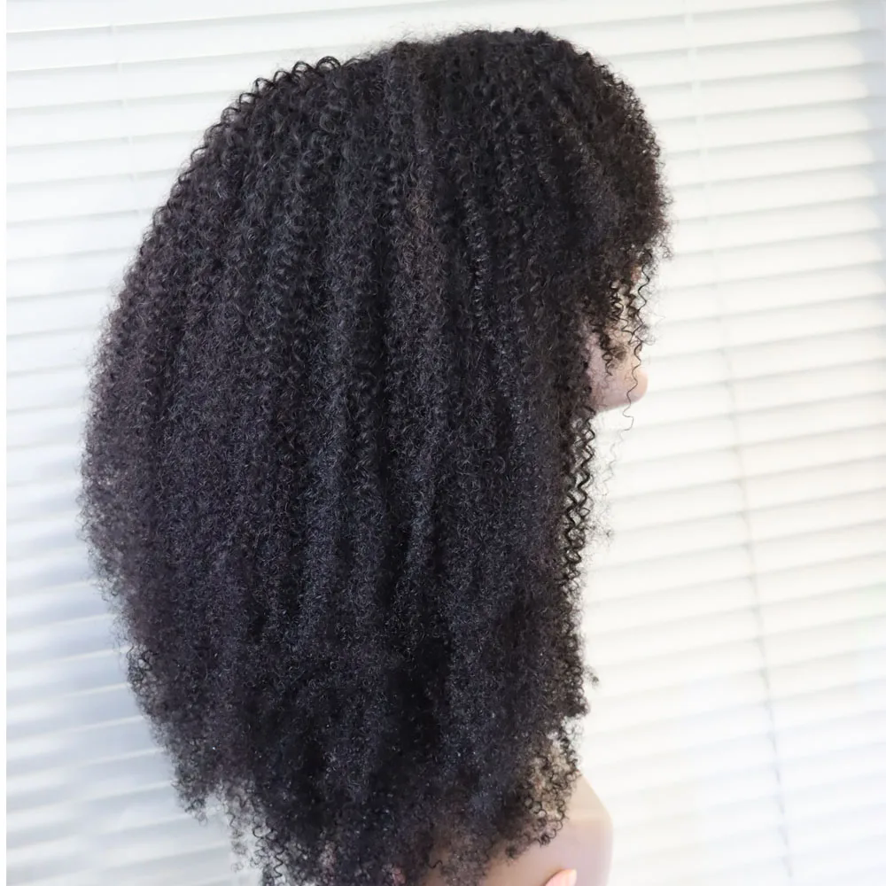 4c Afro Kinky Curly Virgin Brazilian Human Hair Machine Made Sew Wig with Bang kinki Curls natural scalp top none-lace cheap Human Hair Wig for Black 