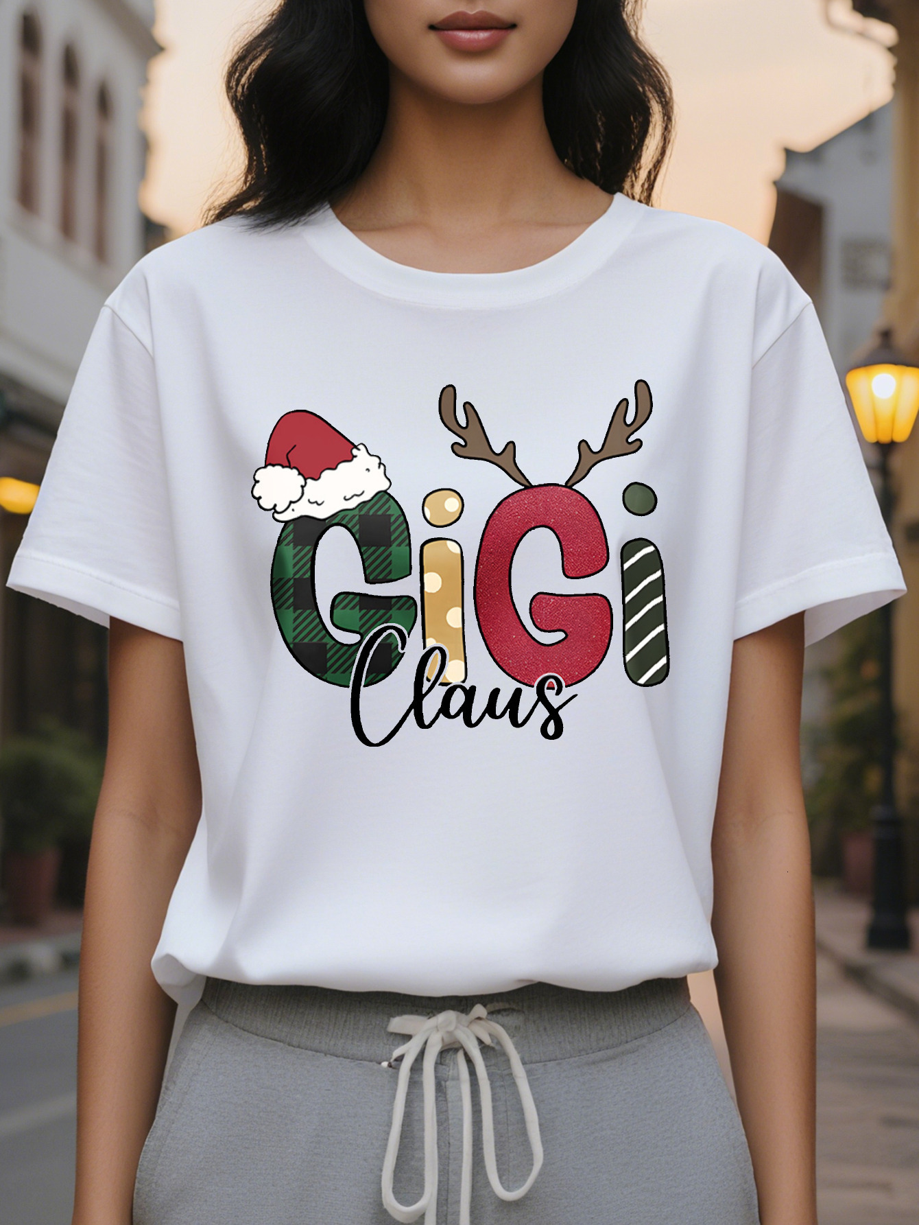 Women's Christmas Theme T-shirt Cotton Knitted Fabric Round Neck Short Sleeves Casual Style Normal Length