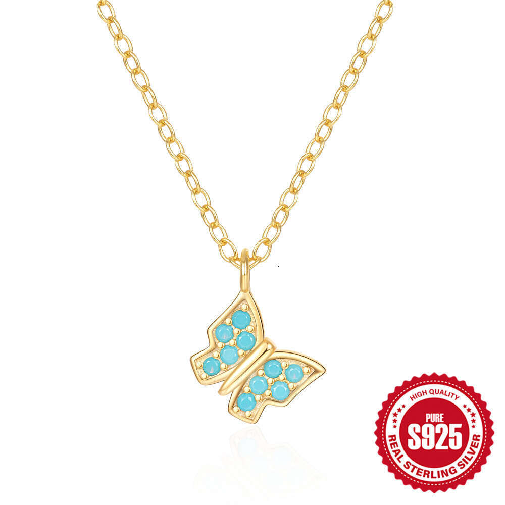 Fashion Niche Style S Pure Sier Butterfly Double Heart Water Drop Round Ball Turquoise Collarbone Necklace for Women