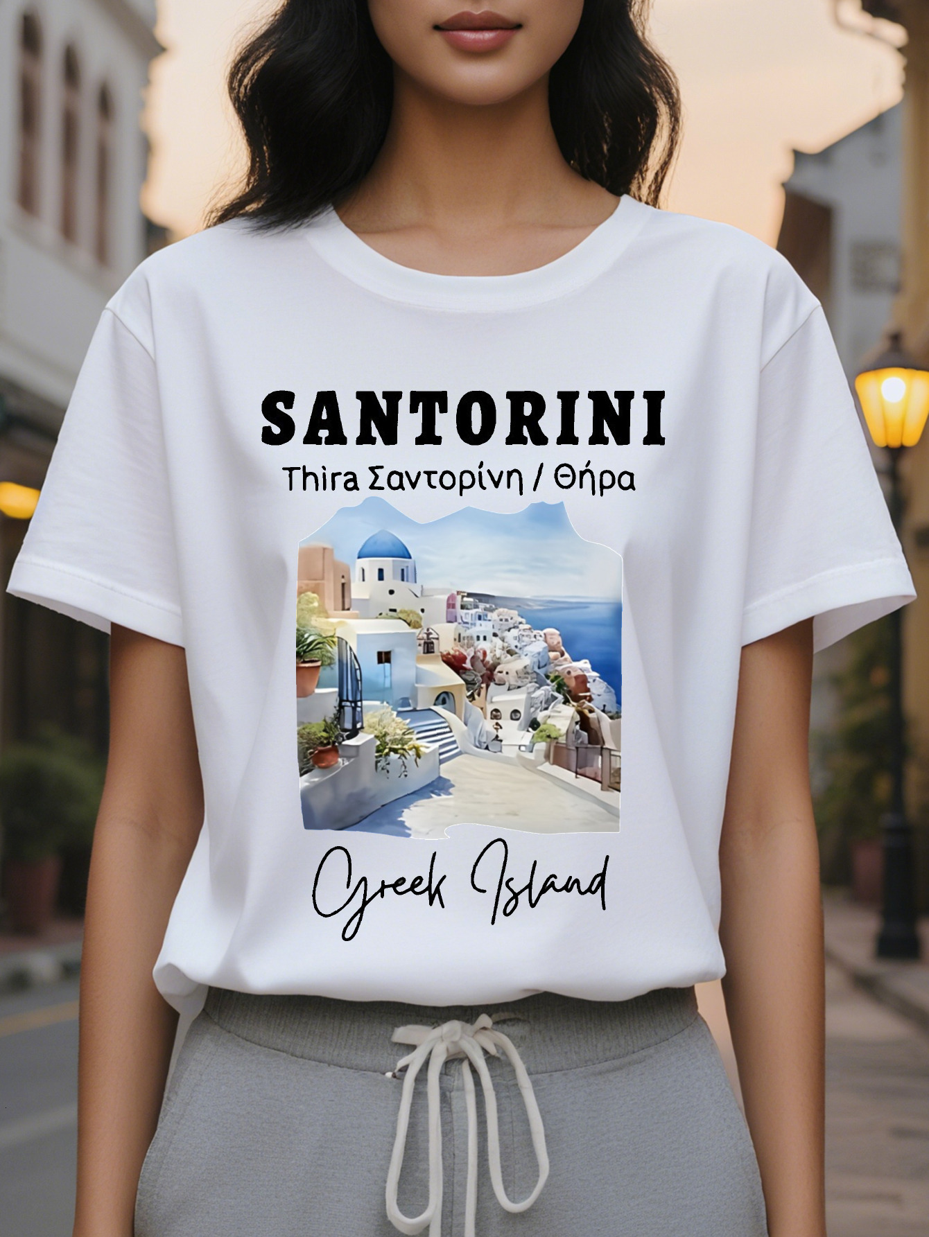 Women's Santorini Print T-Shirt Short Round Neck Casual Top Greek Island Translucent Summer Shotgun Washable