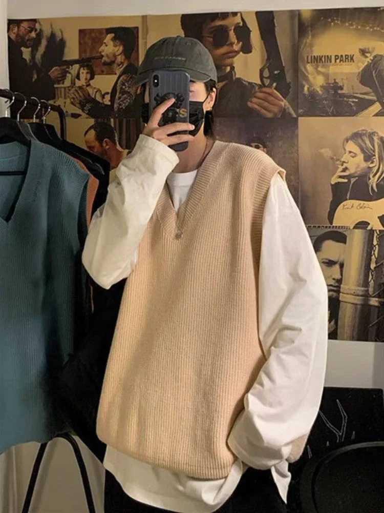 Knit Sweater Male Sleeveless Mens Clothing Plain Solid Color Waistcoat Vest V Neck Blue Plus Size Street Korean Fashion JumpersXJ250904