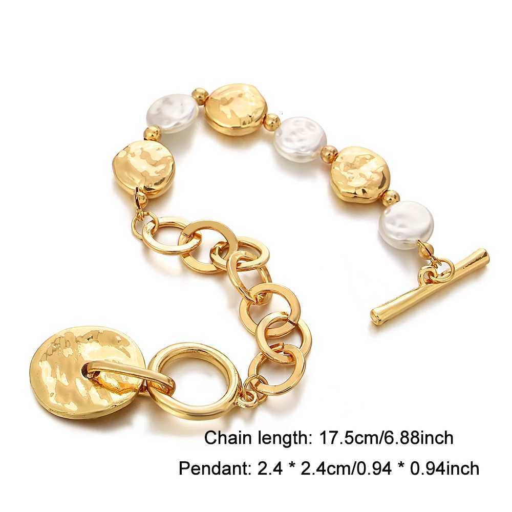 Flashbuy Gold Color Irregular Round Metal Pendant Bracelet for Women Charm Pearl Thick Chain Bead Wrist Fashion Jewelry Y250904