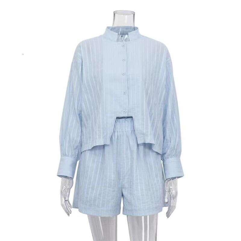 Women's Clothing Cotton Jacquard Striped Casual Stand Up Collar Puff Sleeve Button Shirt Shorts Suit