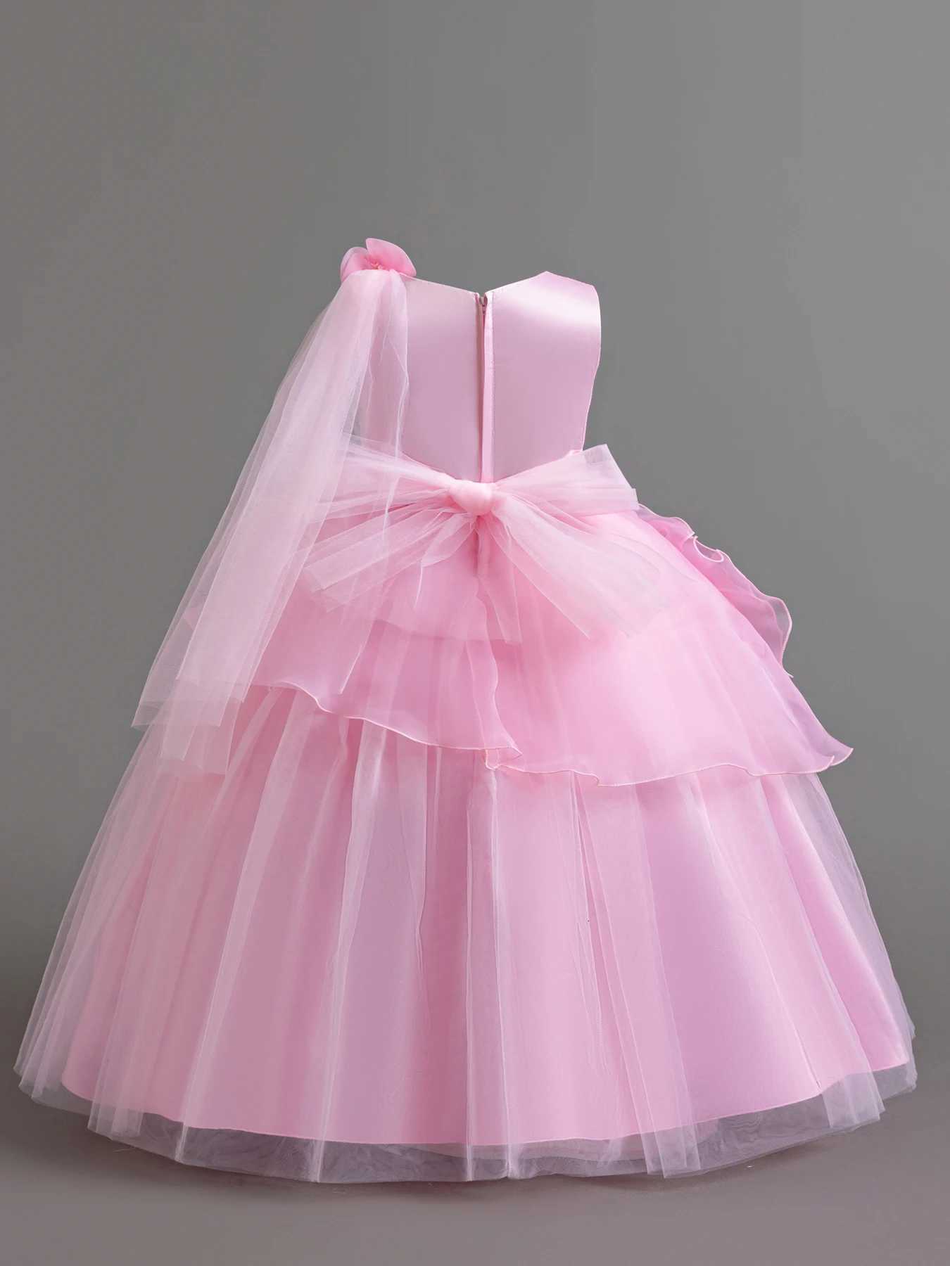 Pink / Blue Flower Sleeveless Childrens Dress Girls Mesh Fluffy Princess Dress for 3 to 12 Year Old Child Birthday Party Wear Z250904