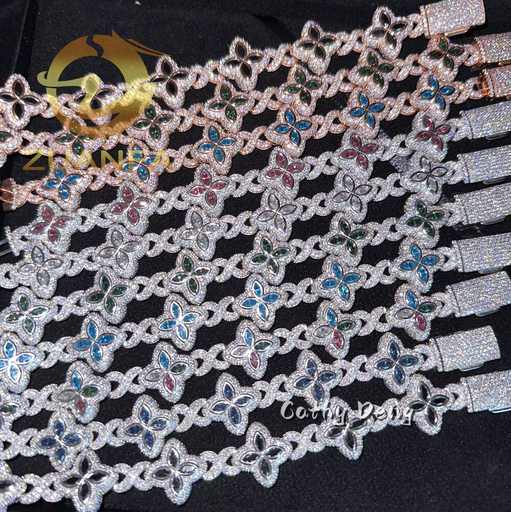 Hip Hop Jewelry Iced Out Men Cuban Bracelet 925Silver Moissanite Bracelet Men Pass Diamond Tester Flower Cuban Link 11color