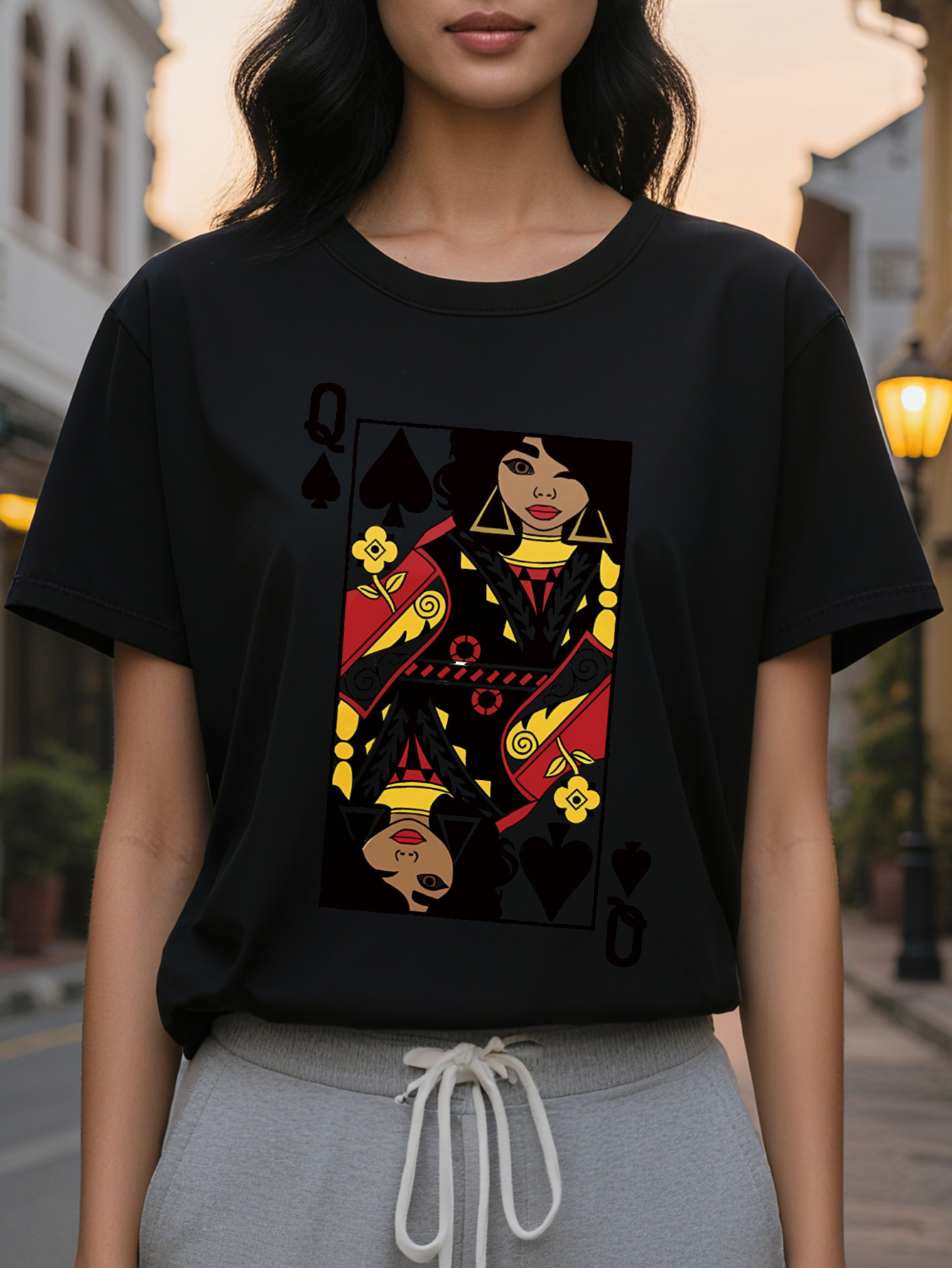 Short Sleeve Cartoon Card Q Print Crew Neck T-Shirt for Spring Summer Casual Women's Clothing